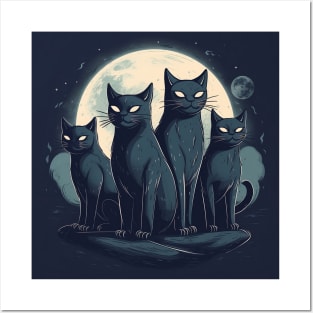 Four Black Cats on the Moon Posters and Art